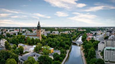 Finland Turku Aura River and Turku Cathedral Aerial View in Summer
