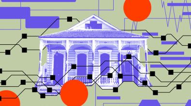 A decorative image of a house surrounded by lines and symbols designed to look like circuit boards and data analysis.